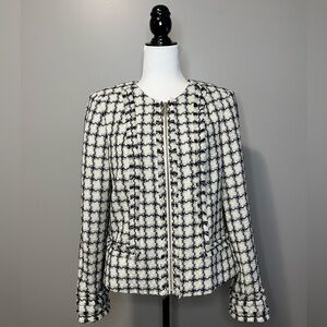 Karl Lagerfeld Plaid Tweed Fringe Crop Full Zip Blazer